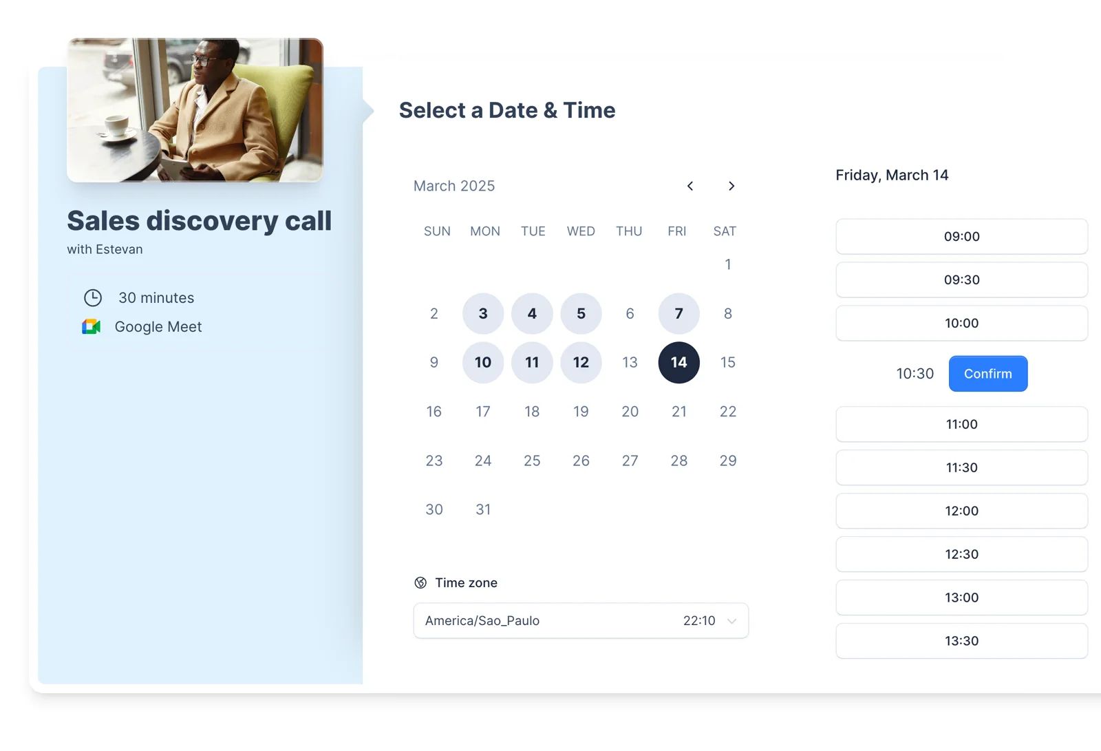 Uma página de agendamento do Easy Cal, com o calendário do mês e os horários disponíveis