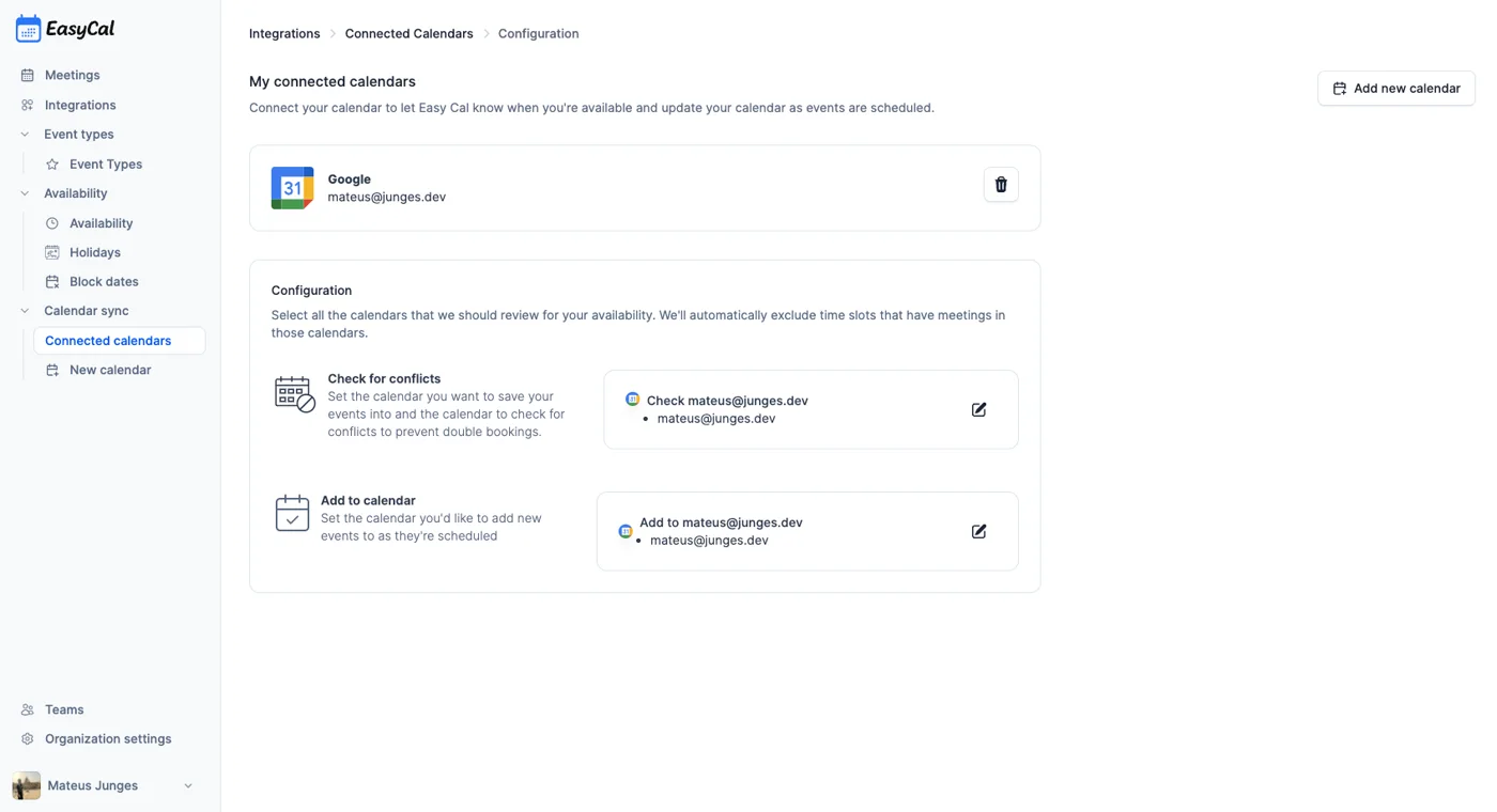 Os calendários conectados ao Easy Cal, que evitam conflitos de horário