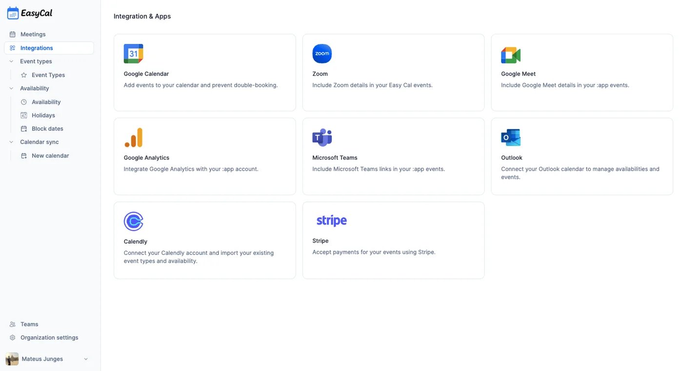 As integrações do Easy Cal: Google Agenda, Zoom, Google Meet, Microsoft Teams, Outlook e Stripe
